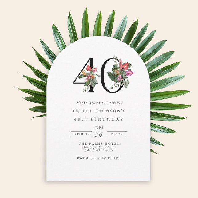40th Birthday Simple Elegant Tropical Invitation Inbjudningar (Available in both printed and instant download digital formats.)