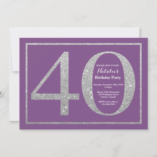 40th Födelsedaginbjudanlilor och silverglitter Inbjudningar (Framsida)