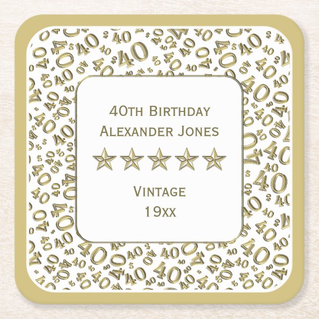 40th Födelsedagsfestguld och vit numrerar mönster Underlägg Papper Kvadrat (Framsidan)
