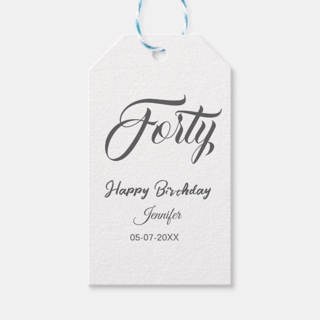 40th forty letterbirthday add name date year gray  presentetikett (Framsidan)