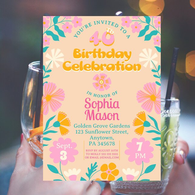 40th Groovy Retro 70s Boho Flora Birthday Inbjudningar (Skapare uppladdad)