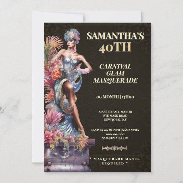 40th Masquerade Birthday Invitation Black Gold Inbjudningar (Framsida)