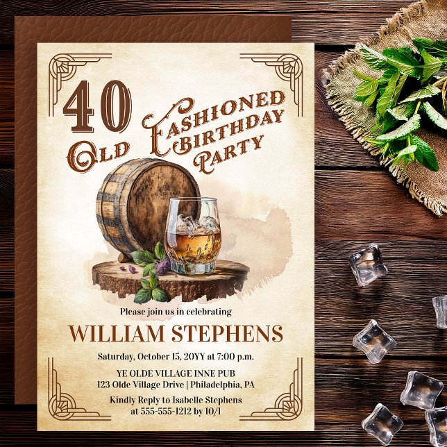 40th Old Fashioned Whiskey Barrel Birthday Party Inbjudningar (Old Fashioned whiskey barrel 40th birthday invitation vintage masculine style)