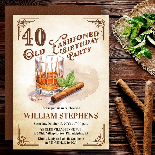 40th Old Fashioned Whiskey Cigar Birthday Party Inbjudningar (Old Fashioned whiskey 40th birthday invitation with vintage masculine style)