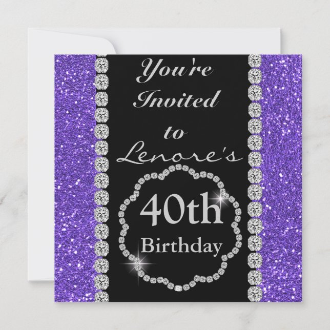 40th Purpurfärgad BLING-födelsedagsfest inbjudan (Framsida)