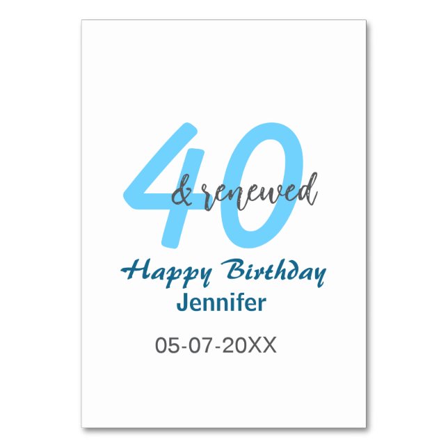 40th & renewed birthday name date blue bold number bordsnummer (Framsidan)
