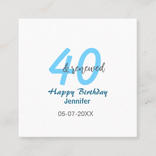 40th & renewed birthday name date blue bold number fyrkantigt visitkort (Framsida)