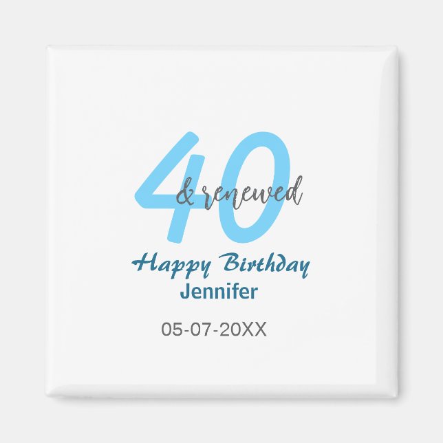 40th & renewed birthday name date blue bold number magnet (Framsidan)