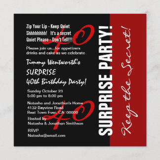 40th SURPRISE Birthday Black Red White W1895 Inbjudningar