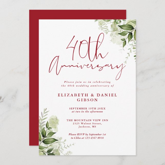 40th Wedding Anniversary Greenery Ruby Script Inbjudningar (Fram/baksida)
