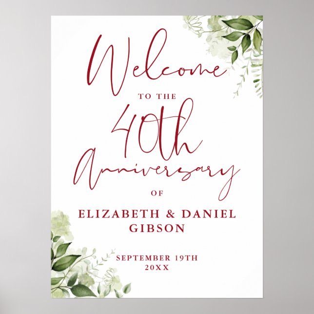 40th Wedding Anniversary Greenery Welcome Sign Poster (Framsidan)