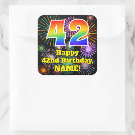 42:a födelsedagen: Roligt Fireworks-look, regnbåge Fyrkantigt Klistermärke