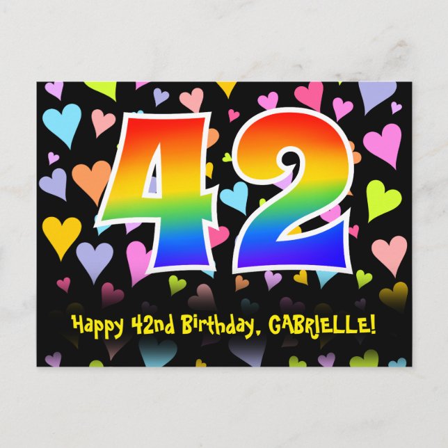 42:a födelsedagen: Roligt Hearts Mönster, Rainbow  Vykort (Framsida)