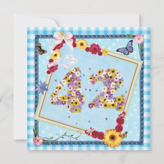 42:a Födelsedagsfest inbjudan-blommor,fjärilar Inbjudningar (Framsida)