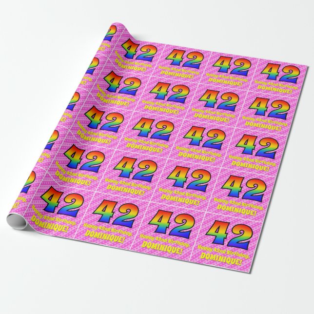 42-årsdag: Rosa ränder & hjärtan, regnbåge # 42 Presentpapper (Utrullad)