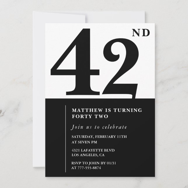 42-årsinbjudningar Svartvit Elegant Inbjudningar (Framsida)