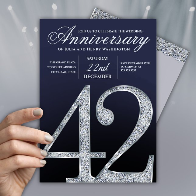 42-årsjubileum Diamant Silver Marinblå Inbjudningar (Skapare uppladdad)