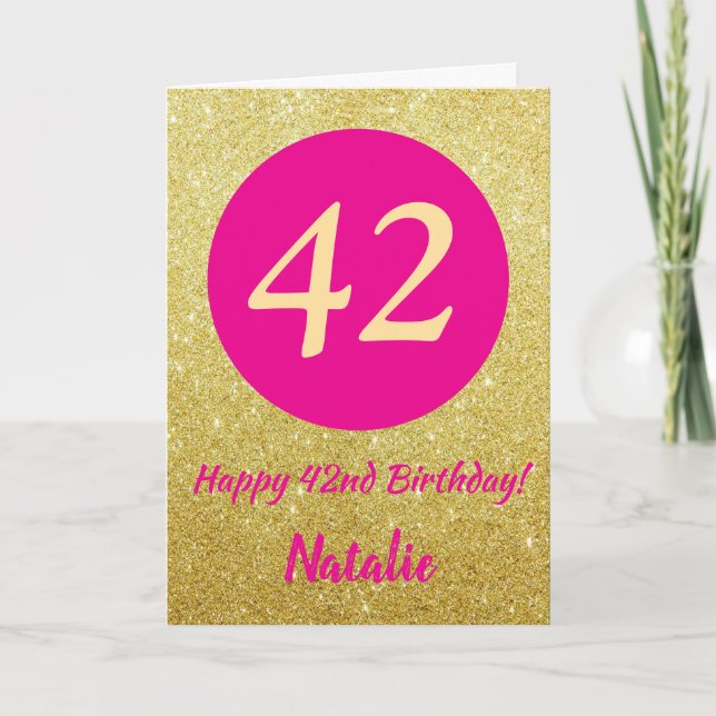42nd Happy Birthday Hot Pink and Gold Glitter Kort (Framsida)