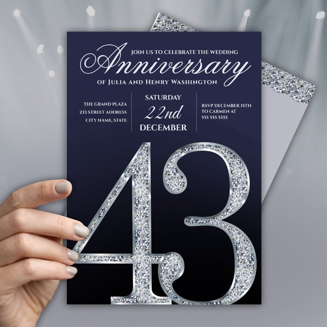 43rd Anniversary Diamond Silver Navy Blue Inbjudningar (Skapare uppladdad)