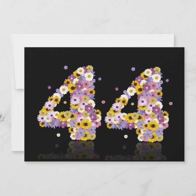 44-årsfest, med blommiga bokstäver inbjudningar (Framsida)