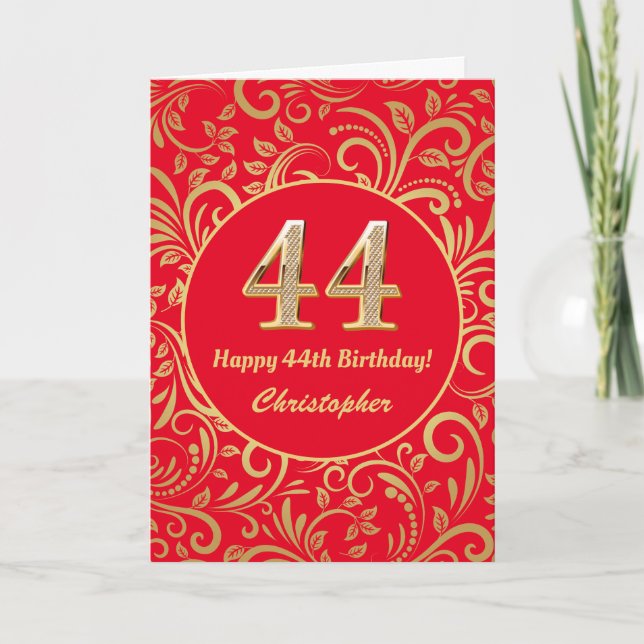 44:e födelsedag Röda och Guld-Blommönstret Kort (Framsida)
