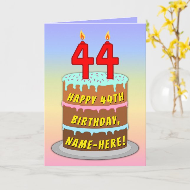 44:e födelsedagen - Roligt Cake & Candles, med ege Kort (Gul blomma)