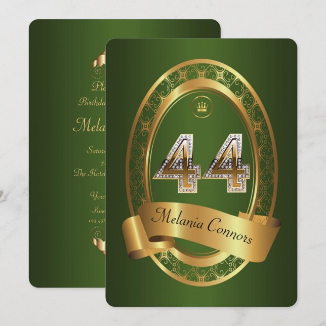 44:e, födelsedagsfest kvinnlig man,elegant färg inbjudningar (Fram/baksida)
