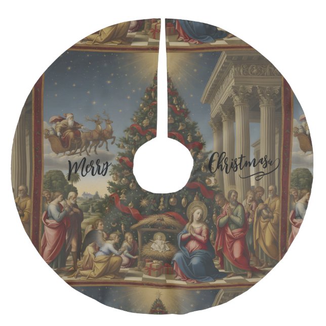 44" Nativity Santa Christmas Tree Skirt Julgransmatta Borstad Polyester (Framsidan)