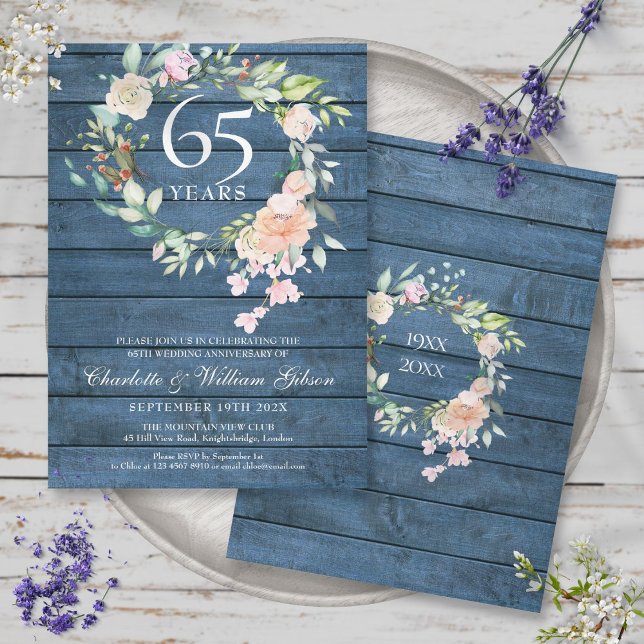 45-års 65-års bröllopsdag Blå Rustik blomster Inbjudningar (45th 65th Wedding Anniversary Floral Blue Rustic Invitation)