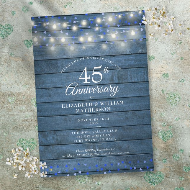 45-års 65-års jubileumsljus med trähjärtan inbjudningar (45th 65th Anniversary String Lights Wood Hearts Invitation)