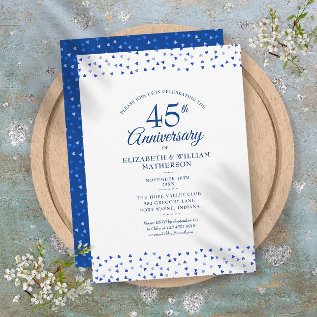 45-års 65-års Saphirblå Kärlekshjärtan Inbjudningar (45th 65th Anniversary Sapphire Blue Love Hearts Invitation)
