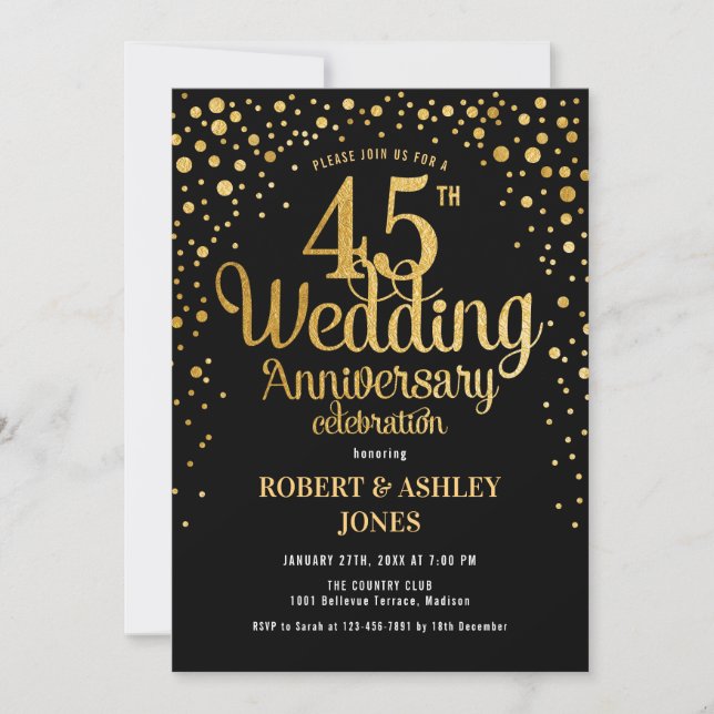 45-års bröllopsjubileum - Svart & Guld Inbjudningar (Framsida)