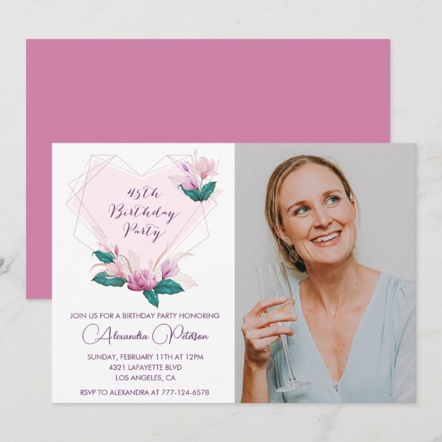 45-års födelsedagsinbjudningar Elegant Boho Foto Inbjudningar (Fram/baksida)