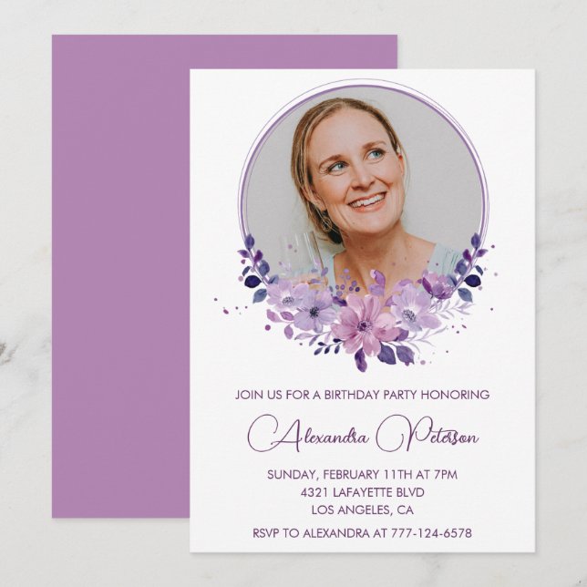 45-års inbjudan Foto Elegant Boho lila (Fram/baksida)