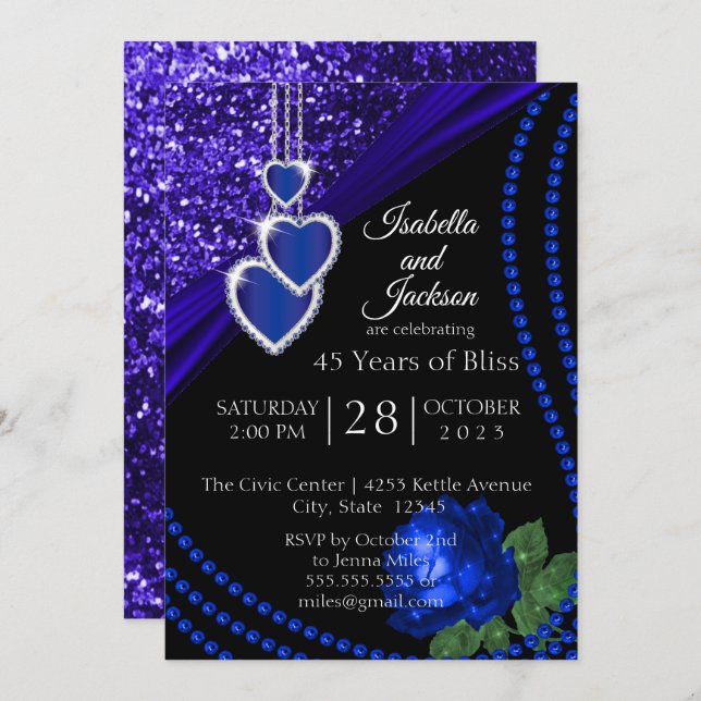 45-års Sapphire Blue Glitter och Rose-jubileum Inbjudningar (Fram/baksida)
