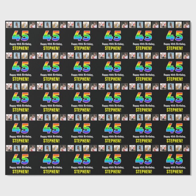45-årsdag: Regnbåge “45“; Anpassade foton & namn Presentpapper (Platt)