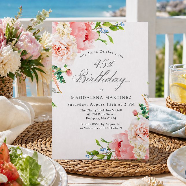 45-årsfest Fruuliga Rosa Rosor Blommig Inbjudningar (Skapare uppladdad)