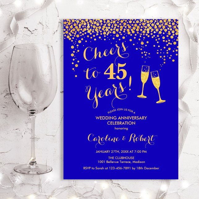 45-årsjubileum - Cheers to 45 Years Blue Guld Inbjudningar (Skapare uppladdad)