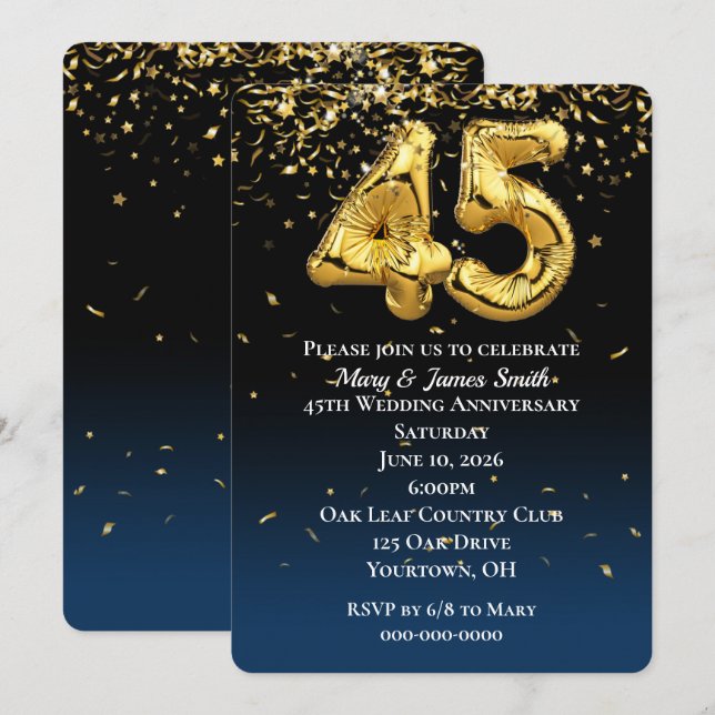 45-årsjubileum Guld Ballonger & Konfetti Inbjudningar (Fram/baksida)