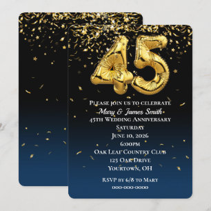 45-årsjubileum Guld Balloons & Confetti Inbjudningar