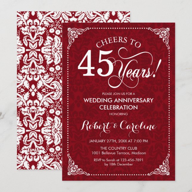 45-årsjubileum - Ruby Red White Damask Inbjudningar (Fram/baksida)