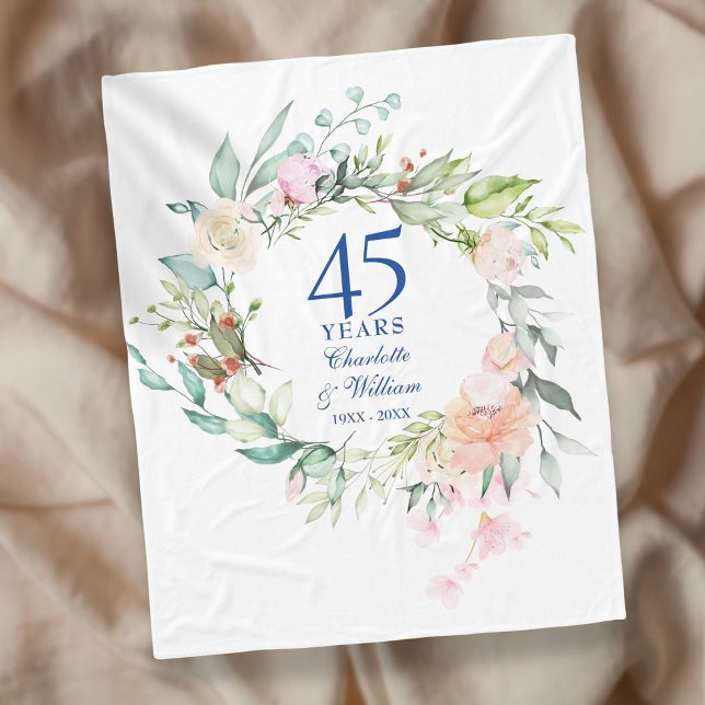 45:e 65:e bröllopsjubileum akvarell blommig fleecefilt (45th 65th Wedding Anniversary Watercolor Floral Fleece Blanket)