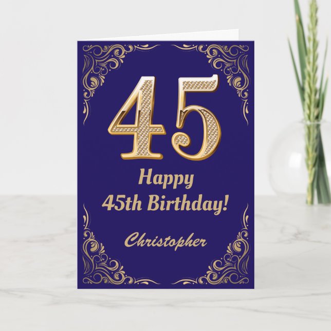 45:e födelsedag Blått och Guld Glitter Ram Kort (Framsida)