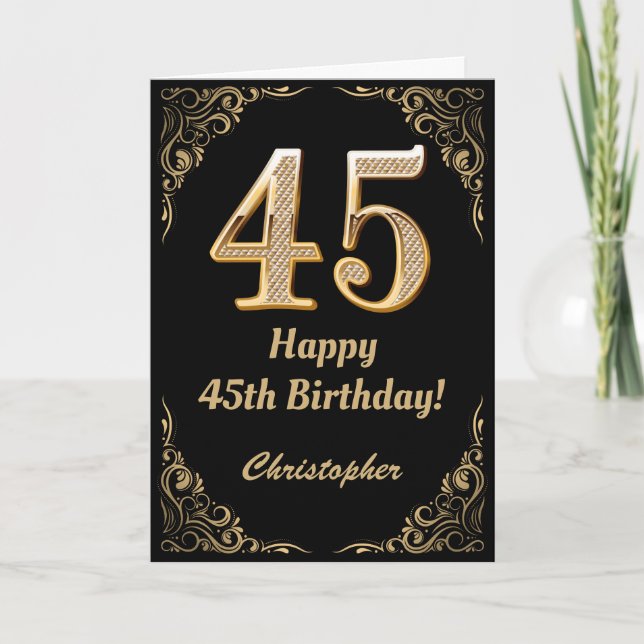 45:e födelsedag Svarta och Guld Glitter Ram Kort (Framsida)