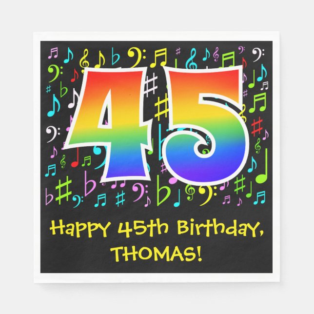 45:e födelsedagen - Färgstarka musiksymboler, regn Pappersservett (Framsidan)