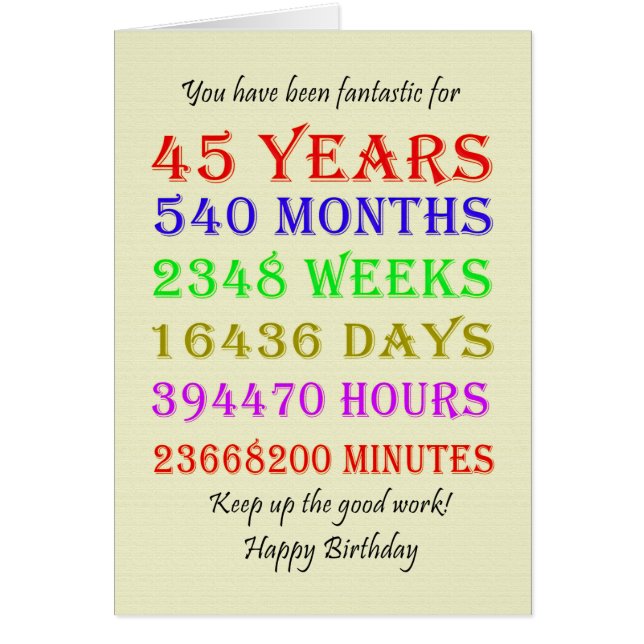 45:e födelsedagsmilstolpar hälsningskort (Framsidan)