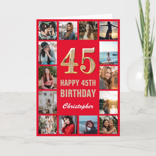 45:e Grattis på födelsedagen Red and Guld Photo Co Kort (Framsida)