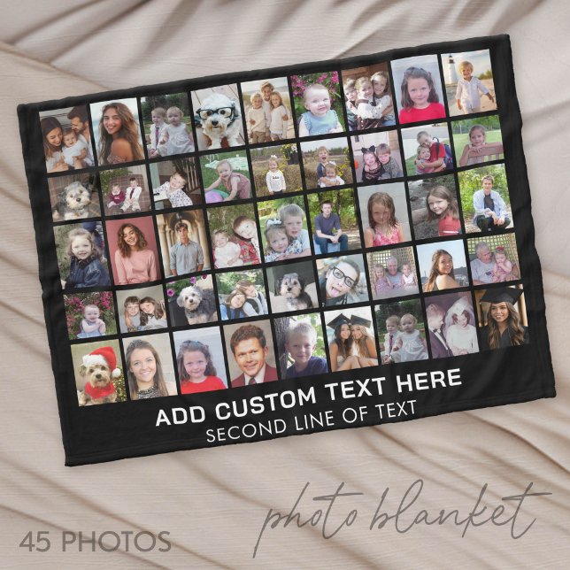 45 fyrkantig fotokollagegrid med text - svart fleecefilt (Photo Blanket - Custom Pictures in a Collage)
