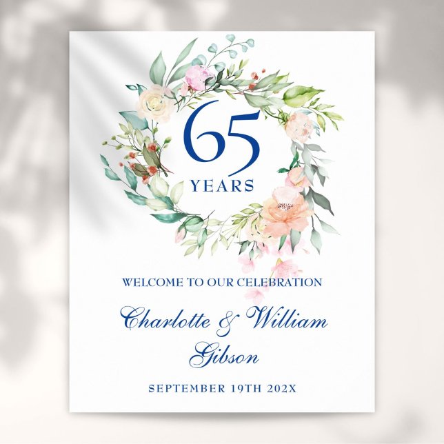45 - välkomstskylt för Bröllop-årsdagen i 65e Blom Poster (45 - 65th Wedding Anniversary Floral Welcome Sign)