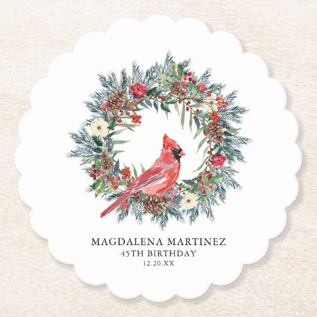 45th Birthday Party Red Cardinal Wreath Custom Underlägg Papper (Framsida)